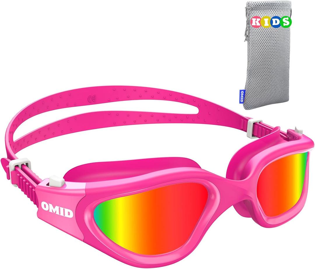 OMID Kids Swim Goggles, P2mini Polarized Swimming Goggles Comfortable for Age 6-14 (B1-mirrored Red Lens Rose Frame)