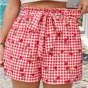 Verdusa Women's Plus Size Gingham Cherry Belted Shorts High Rise Summer Shorts with Pockets (Red, XL)