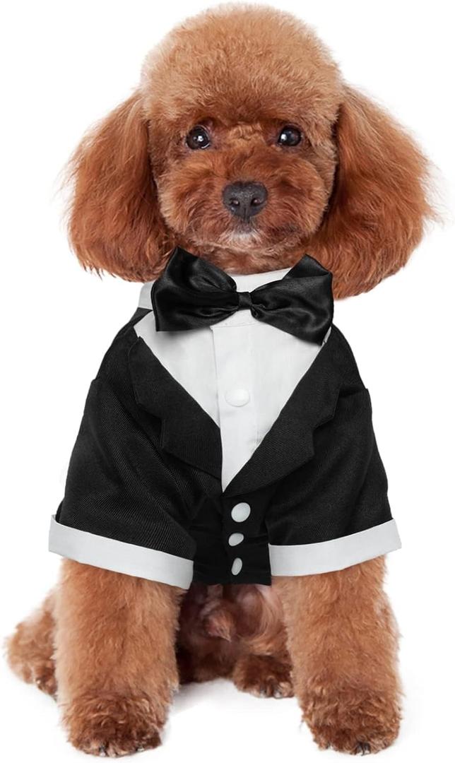 Kuoser Dog Tuxedo, Formal Dog Costume with Bow Tie Pet Wedding Suit Party Birthday Outfit, Dogs Tux Soft Shirt for Valentines Christmas Halloween Graduation Cosplay, Black M