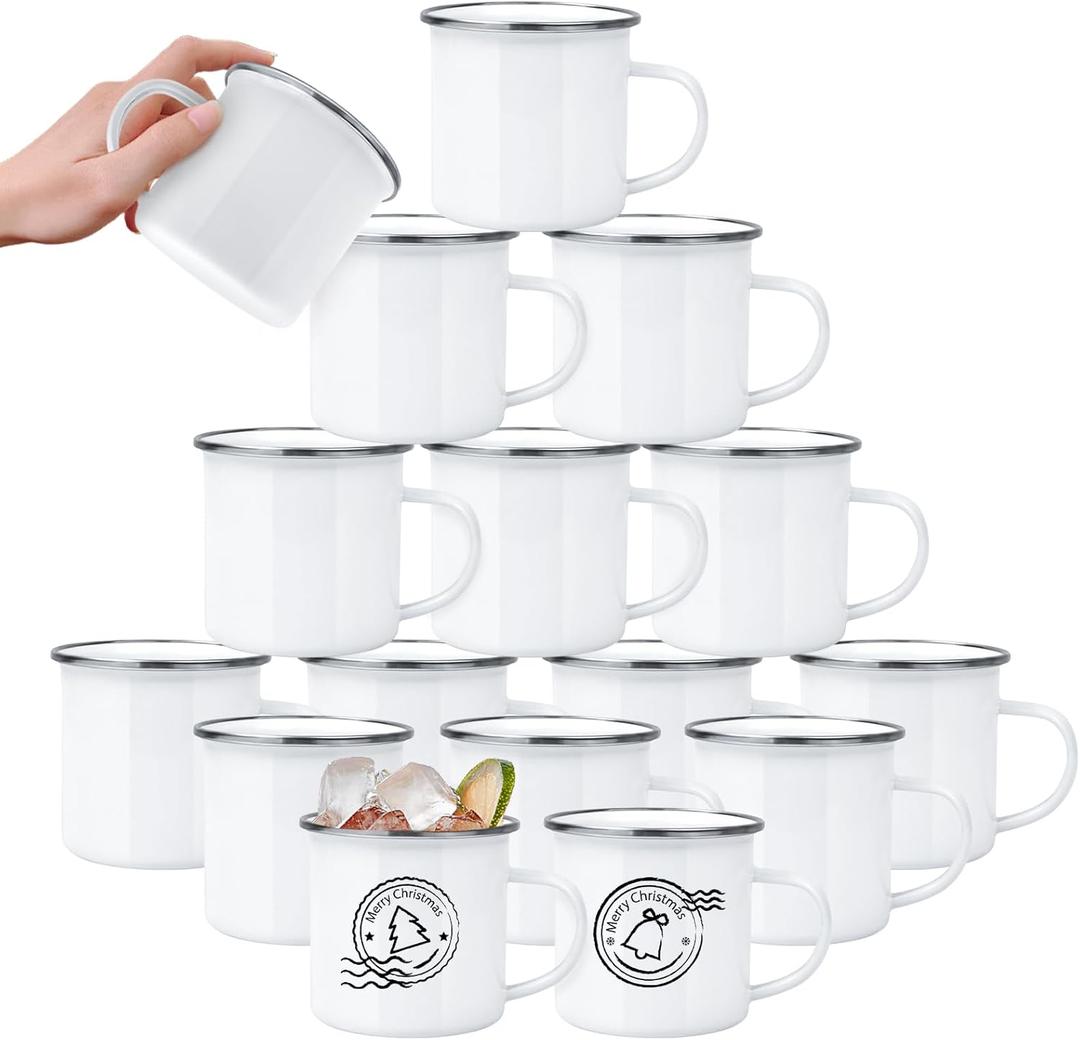 16 Pack Sublimation Blanks Enamel Mug Camping Outdoor Coffee Travel Metal Mug with Silver Rim for Heat Transfer DIY Gift White 12oz