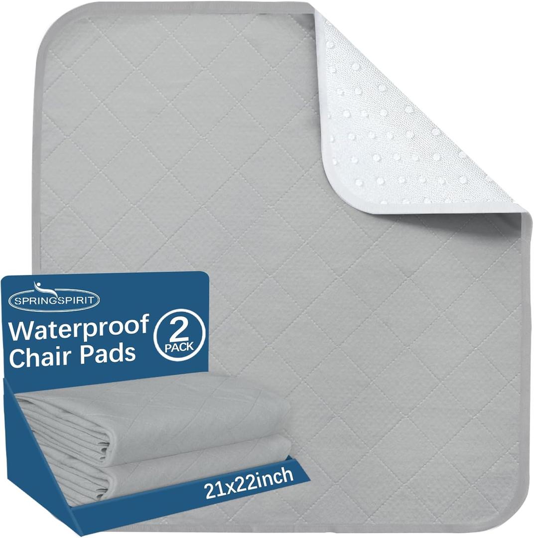 Springspirit Waterproof Chair Pads for Incontinence Washable 22'' x 21'', 2 Pack Absorbent Seat Protector Pee Pads for Adults, Elderly, Kids, Toddler and Pets, Grey (Gray)