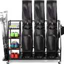 Sttoraboks Golf Bags Storage Garage Organizer, Golf Bag Rack Fits 2/3 Golf Bags and Golf Equipment Accessories, Golf Club Storage Stand with Wooden Shelf and Lockable Wheels for Garage Indoor Basement