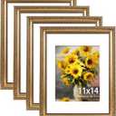 JCJMY 11x14 Vintage Picture Frame with 8x10 Mat Set of 4, Elegant Retro 11 by 14 Photo Frame with Shatter-Resistant Plexiglass for Wall Hanging, Gallery Decor & Gift, Gold, 4 Pack