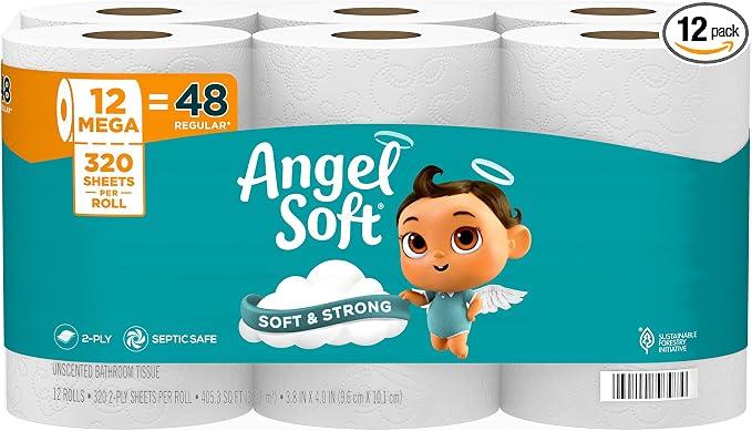 Angel Soft Toilet Paper, 12 Mega Rolls = 48 Regular Rolls, Soft and Strong Toilet Tissue