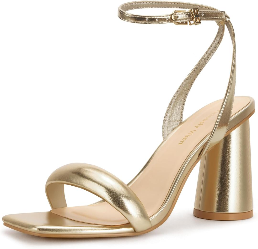 Women's Block High Heels Square Open Toe Strappy Sandals Party Wedding Ankle Strap Shoes (8, Light Gold)