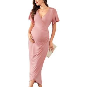 CYCLAMEN Maternity Wrap Dress V Neck Ruffle Sleeves Semi Formal Baby Shower Photoshoot Cocktail Party Pregnancy Dresses, Medium