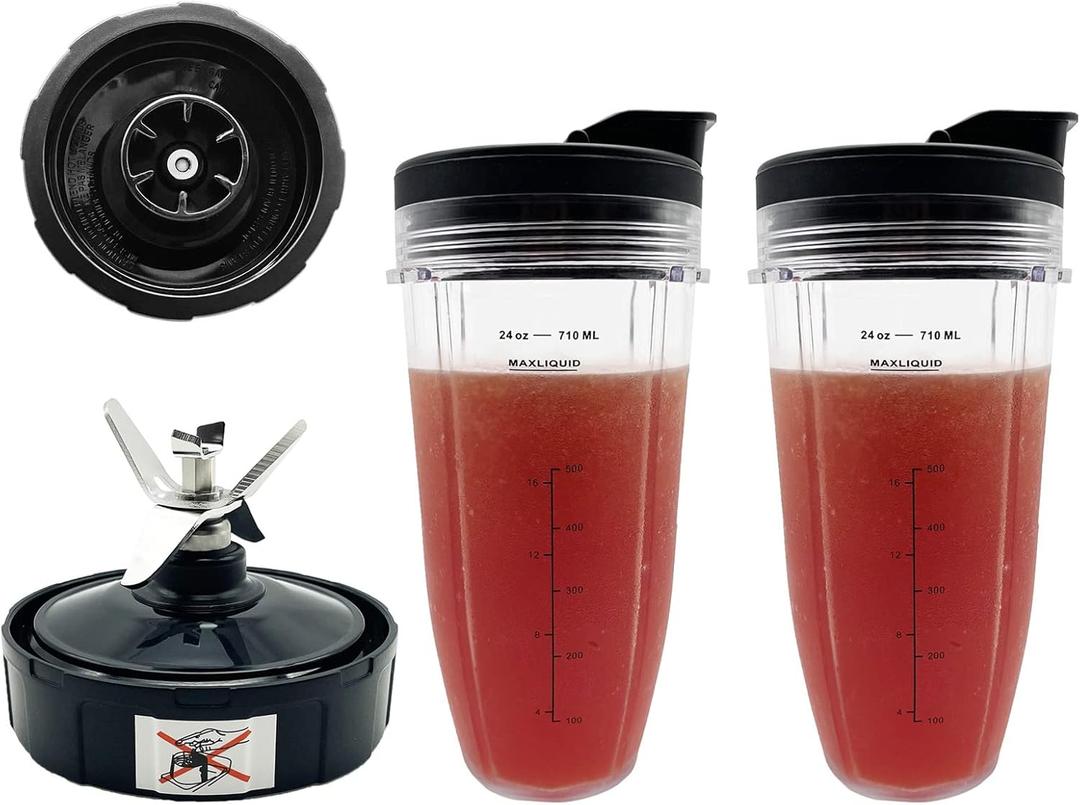 Blender 24 oz Cups with Lids & 6 Fins Female Blade Replacement Parts for Ninja, Extractor Blade for Nutri Ninja Auto iQ BL480D 30 DOB, BL450 69, BL456 70, BL480 70, BL455 30 DOB, BL482 30 DOB