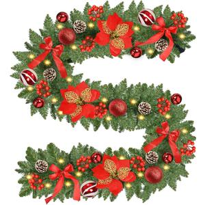 Christmas Garland with Lights 9FT Timer Prelit Garland Battery Operated Outdoor Indoor Christmas Decorations 30 LEDs Lighted Garland for Stairs Railing Fireplace Mantle Front Door Home Holiday Decor
