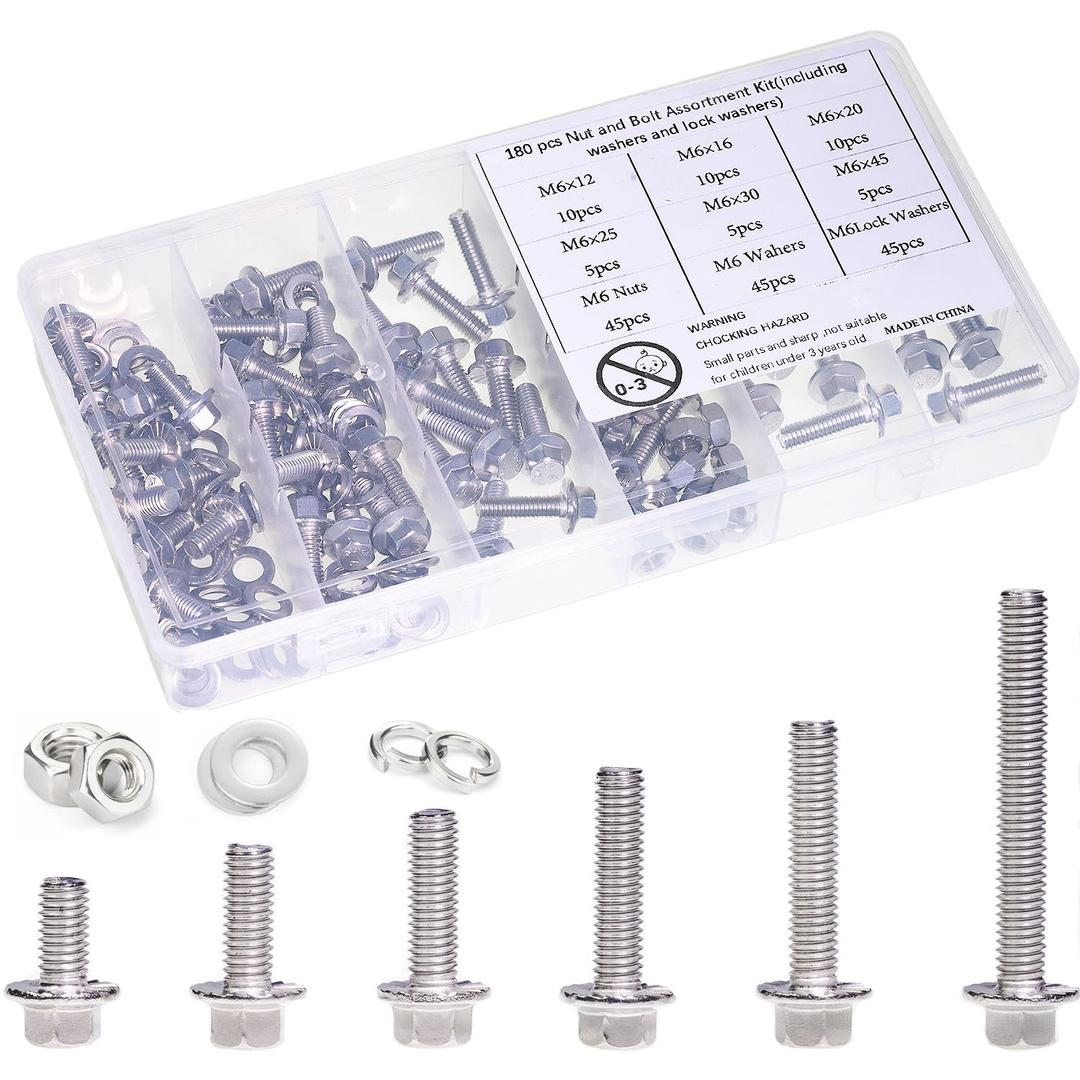 M6-1.0 x 12/16/20/30/45 Flange Hex Bolt Assortment Kit, 180pcs Stainless Steel Metric Flange Head Bolts and Nuts Set.