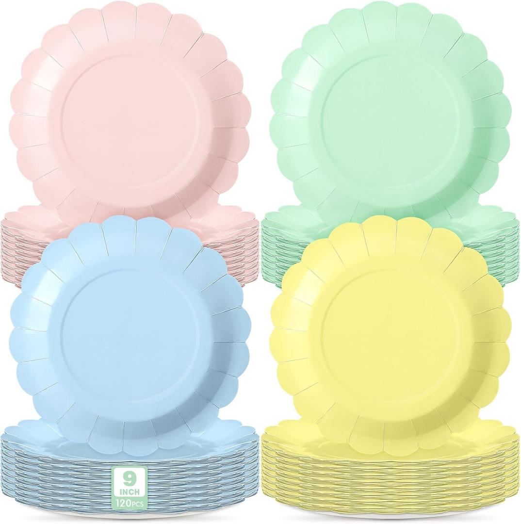 120 Pcs Macaron Paper Plates 9 Inch Easter Scalloped Disposable Round Dessert Paper Plates Party Decoration for Margs and Matrimony Bachelorette Party Women Birthday Baby Shower Wedding