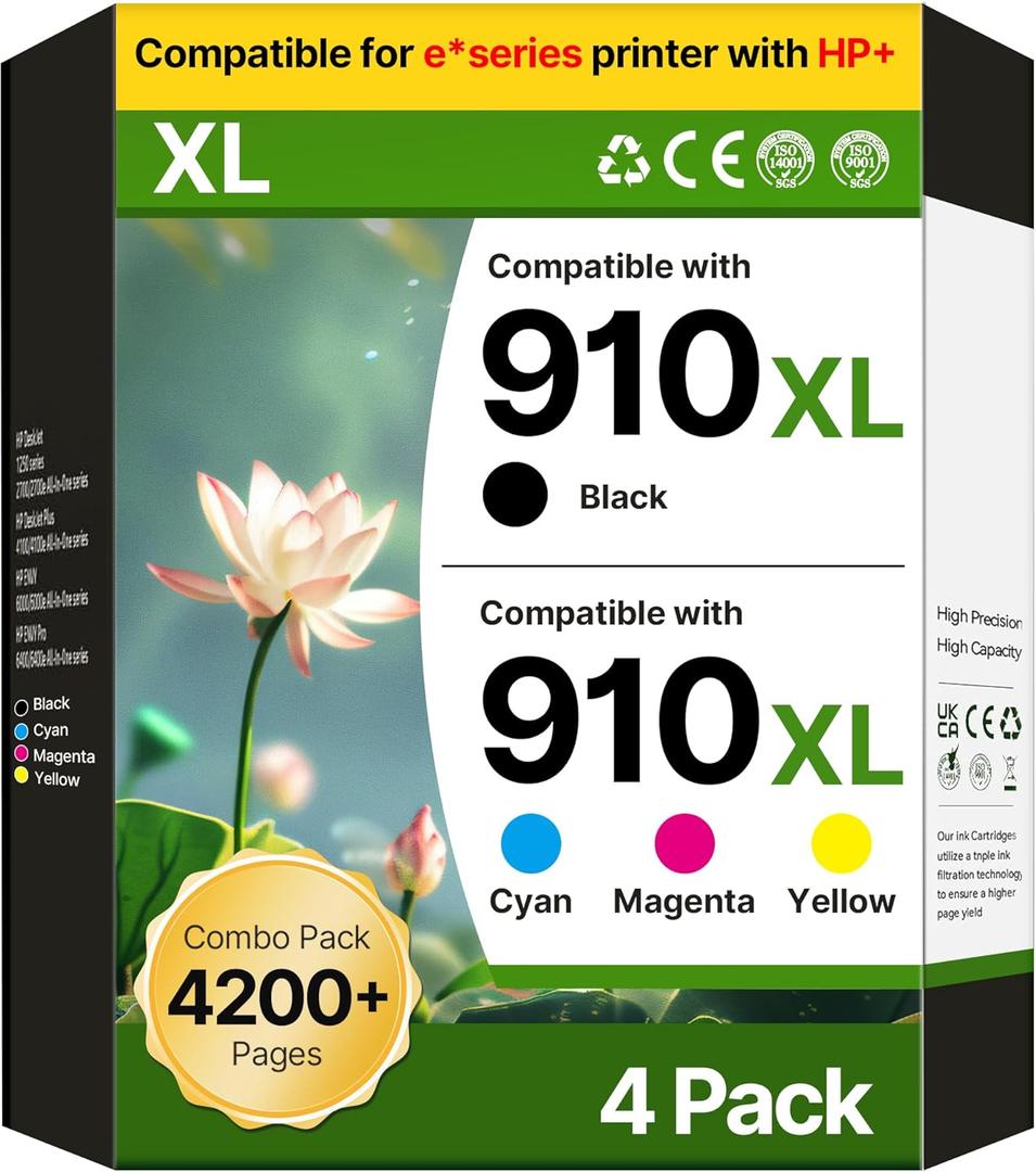 Wiseta 910XL Ink Cartridges for HP Printers Officejet 8015e Ink Cartridges Replacement for HP 910 Ink Work for OfficeJet Pro 8015 8020 8025e 8028e Printers, 910XL Black and Color Combo Pack, 4 Pack