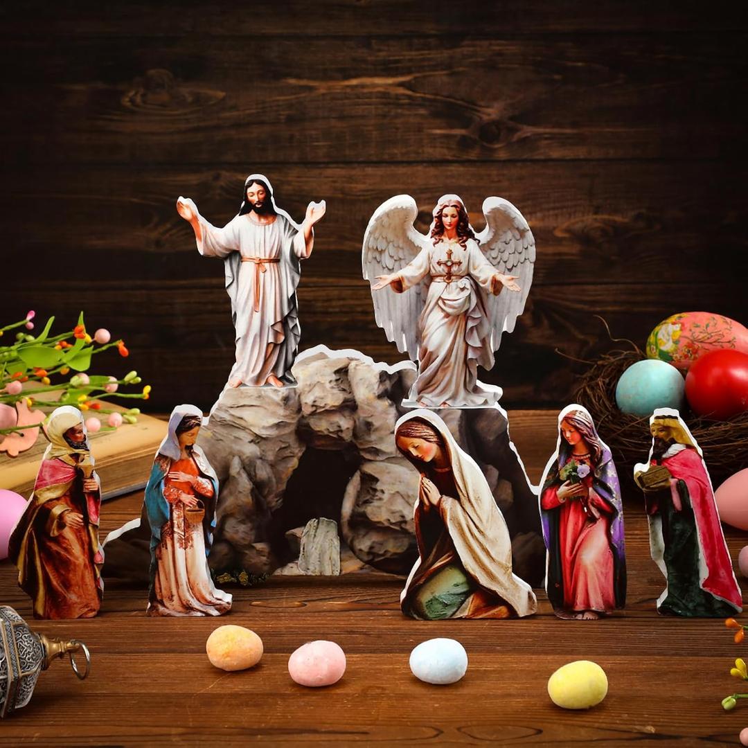 RattanView 8 Pcs Easter Resurrection Scene Set Decoration Religious Jesus Easter Resurrection Scene Decor Wooden Christian Figurines with Empty Tomb for Home Decor Religious Gift Tabletop Home