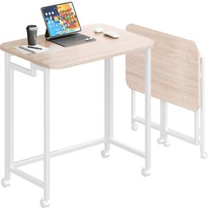 JSB Folding Desk for Small Spaces,Mobile Portable Rolling Laptop PC Table on Wheels,Foldable Computer Desk for Home Office,Bedroom,Dorm,Space Saving (Natural & White, 23.6")