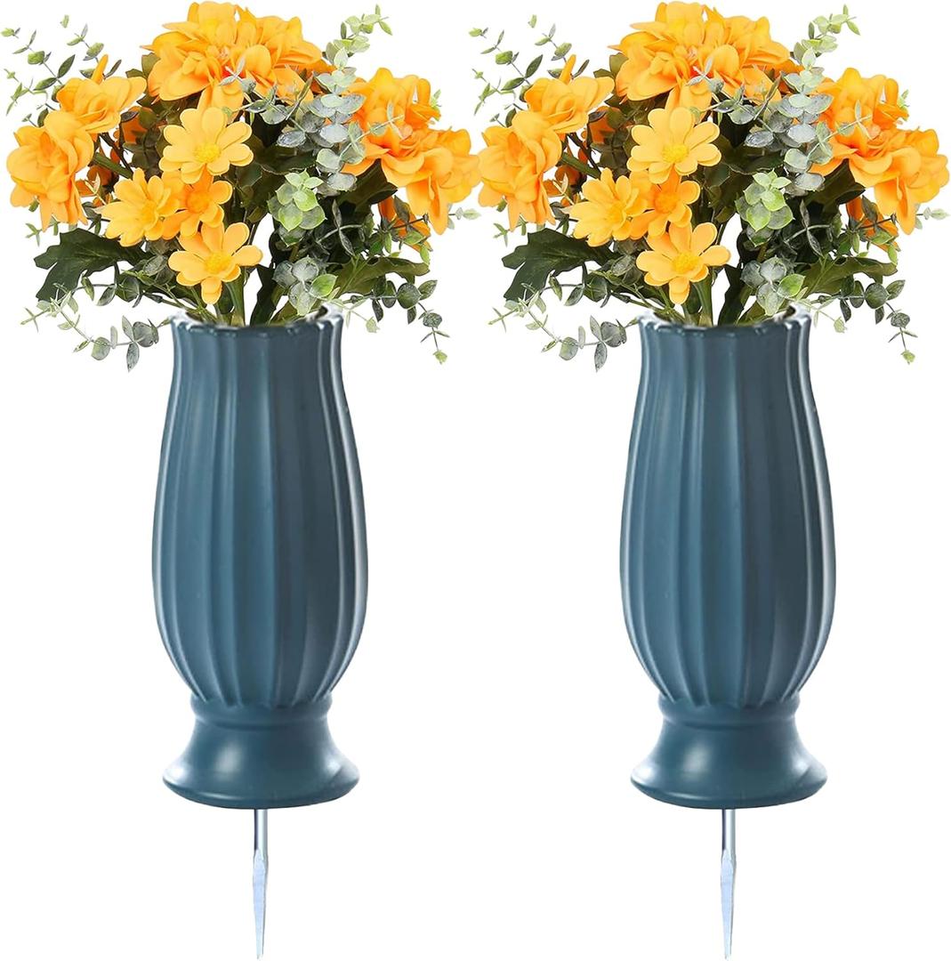 2 Pcs Cemetery Vases with Spikes,Grave Vases for Cemetery with Metal Spikes and Drainage Holes,Grave Flower Holder for Headstones Memorial Gifts Loss of Loved One (Blue)