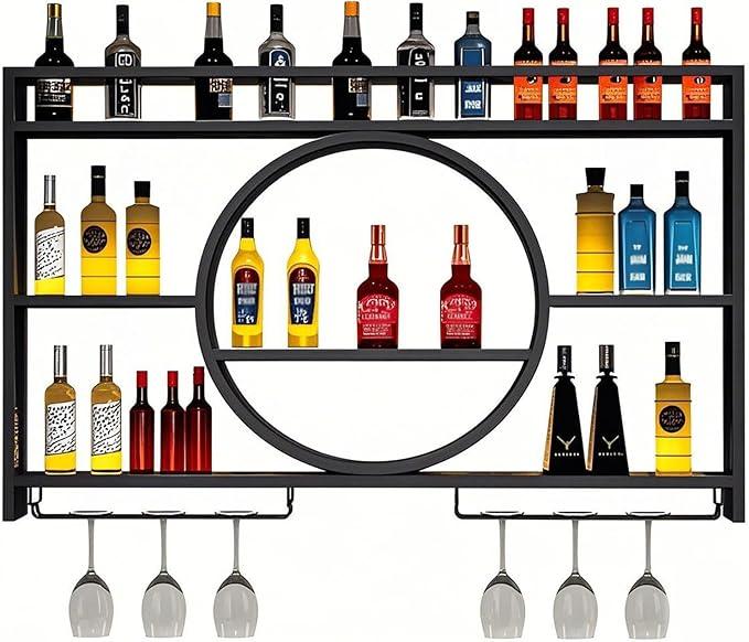 OMKUOSYA Rack Wall Mounted with LED Light, 3-Tier Metal Bar Shelves Wall Mounted with Glass Holder, Liquor Bottle Display Shelf for Home Bar, Dining Room & Kitchen (Black, 47.2in/ 120cm)