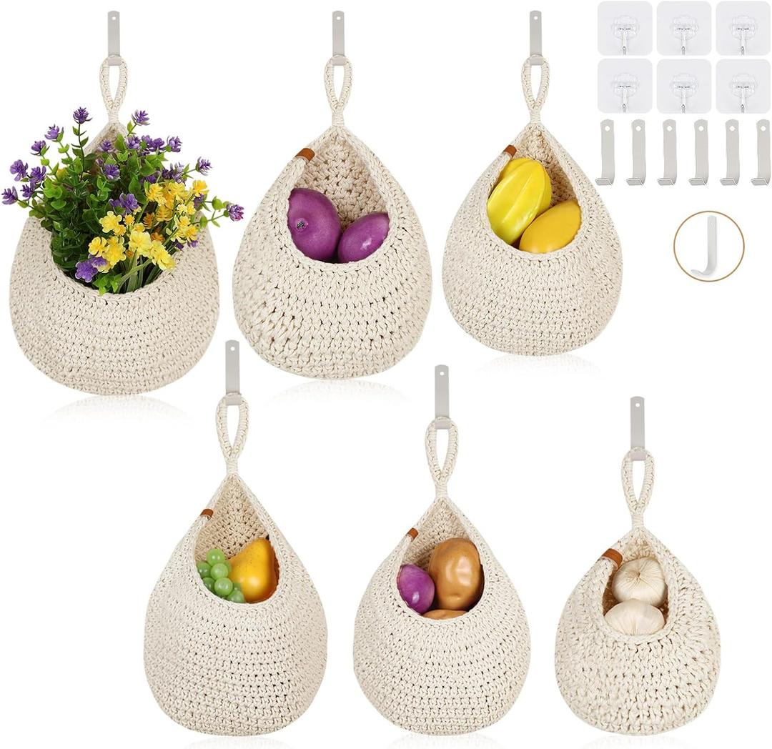 Hanging Fruit Baskets for Kitchen - 6 Pack Boho Wall Hanging Basket,Handwoven Wall Fruits Basket,for Garlic Potato Vegetable Onion Teardrop Home Hanging Storage Baskets(White Classic