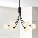 Modern Mid Century Black Chandeliers, 6-Light White Globe Glass Shade Chandeliers Hanging Sputnik Chandelier Light Fixtures for Living Room Kitchen Island Bedroom Foyer