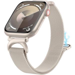 Stainless Steel Loop Compatible with Apple Watch Band 38/40/41/42/44/45/46/49mm, Women Metal Mesh Magnetic Slim Strap with C-Shape Clasp for iwatch SE Series 10/9/8/7/6/5/4/3/2/1 Ultra 1/2 (Starlight)