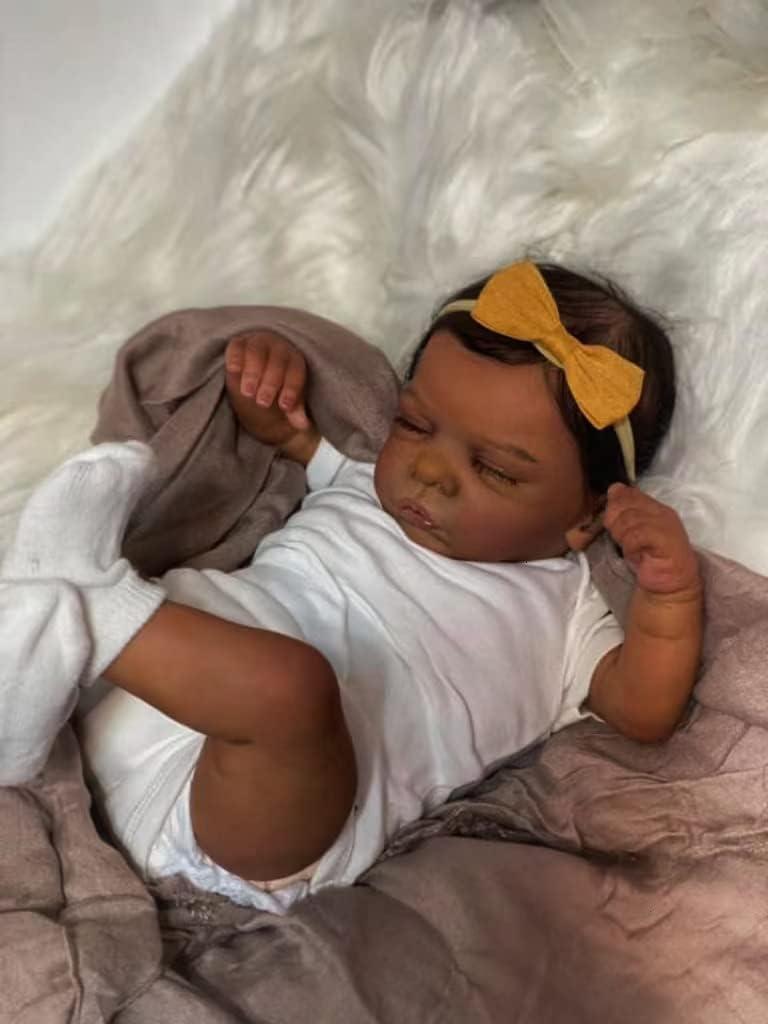 Reborn Baby Doll Black Girl Reborn Toddler Doll Silicone 19 Inch Realistic Newborn Girl Brown Skin Soft Cloth Body Real African American Baby Dolls with Hair Gift Box Toy Set for Kids Age 3+