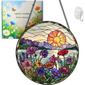 Wildflower Sun Catcher California Poppy Stained Glass Suncatchers 7.87 Inch Wildflower and Sun Stained Glass Ornament for Home Decor Indoor Wall Art for Women Mother Grandmother Friends