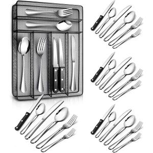 Teivio 24 Piece Silverware Set, Flatware Utensils Set Mirror Polished, Dishwasher Safe Service for 4, Include Knife/Fork/Spoon/Steak Knife/Wire Mesh Steel Cutlery Holder Storage Trays (Black Tray)