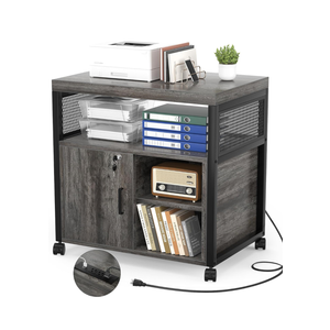 Unikito Rolling File Cabinet Lateral Office Filing Cabinets with Socket and USB Charging Port, Modern Printer Stand on Wheels Printer Cabinet with Door and Open Storage, Lockable, Black Oak
