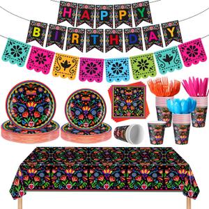 Domensi 144 Pcs Mexican Birthday Party Decoration Supplies for 20, Mexican Floral Cielito Lindo Paper Plates Napkins Cups Banner Papel Picado Tablecloth Cutlery Fiesta Birthday Tableware(Black)