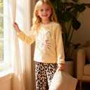 Funnycokid Girls Fleece Pajamas Set Kids Soft Flannel Pjs Pullover Top Pants Loungewear Beige Cheetah, 9-10 Years