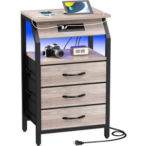 SZLHANJZ End Table with 3 Drawers, Night Stand with Charger Station and LED Lights, Small Nightstand with Fabric Storage, Farmhouse Side Table for Bedside, Living Room, Dorm, Greige
