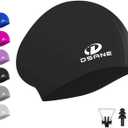 Womens Silicone Swim Cap for Long Hair, 3D Ergonomic Design Silicone Swimming Caps for Women Kids Men Adults Boys Girls with Ear Plug and Nose Clip(Black/ L)