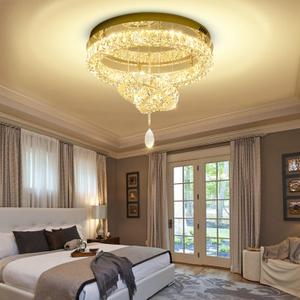 Flashing God Dia 20" Modern Crystal Chandelier for Dining Room Gold Ceiling Chandelier Flush Mount Ceiling Light for Living Room Bedroom Hallway