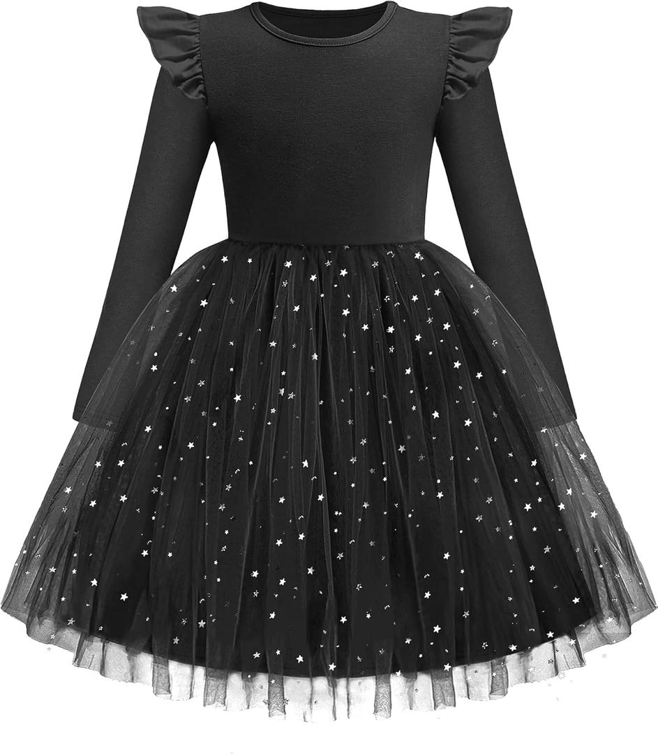 Arshiner Toddler Girls Tutu Dresses Long Sleeve Ruffle Fall Winter Holiday Star Sequin Tulle Dress (110, Black)