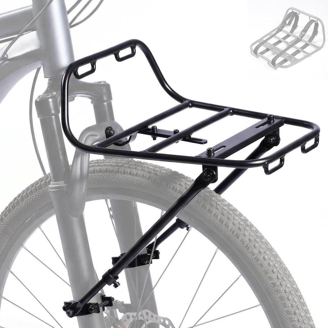 Bike Front Rack - Front Bicycle Cargo Rack with Support Struts & Adjustable Straps - Aluminium Front Cargo Pizza Rack, Stable & No Rattle, Universal Fit for Mountain, Gravel & Touring Bikes
