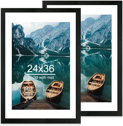 Hongkee 26x38 Poster Frame Set of 2, Rustic Black Wood Style - Display 24 x 36 Poster without Mat or 20x30 Picture with Mat, Wall Mounting Horizontal and Vertical
