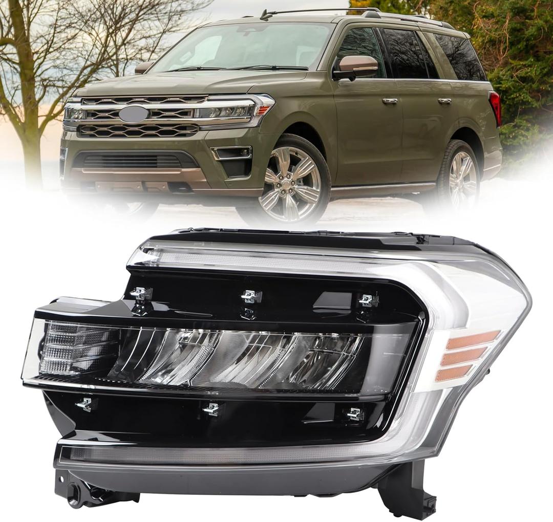 LH Full LED W/Chrome Trim Strip Headlight W/LED DRL Assembly Compatible with 2022-2024 Ford Expedition Limited/Platinum/Timberline/King Ranch Headlamp Left Driver Side FO2502427 NL1Z-13008-N
