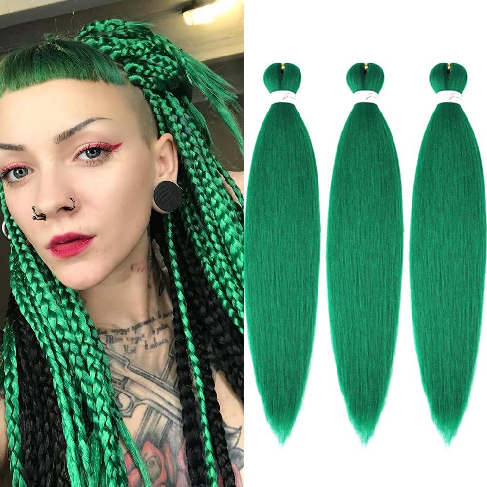 Green Braiding Hair Extensions 16 Inch Pre stretched Braiding Hair Hot Water Setting Synthetic Hair Pre Stretched Crochet Braids Hair(16 Inch,3 Packs,Green#