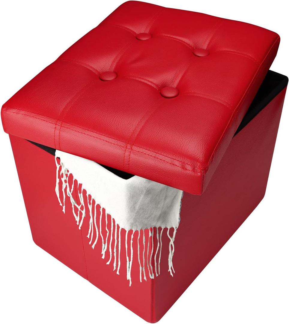 Storage Ottoman, Folding Foot Stool with Thicker Foam Padded Seat Small Leather Storage Ottoman Bench Foot Rest for Living Room Foldable Coffee Table 17x13x13in,Red