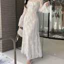 xxxiticat Women's Floral Lace Maxi Dress Long Sleeve Square Neck Flower Print Swing Hem Layered White Fairy Long Dress (Beige, L)