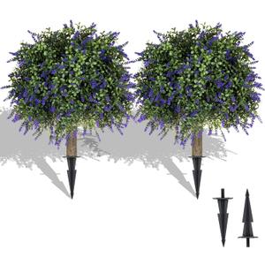 Artificial Lavender Topiary Ball Trees, 2 Pcs 23.6" Faux Lavender Bushes with 4 Ground Spikes, Fake Evergreen Plants for Home, Garden, Yard, Patio, Front Porch Decor