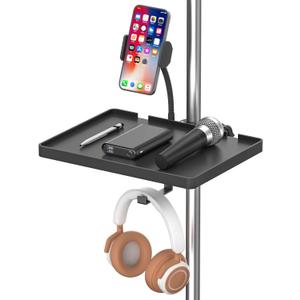 Functional Microphone Stand Tray with Adjustable Mic Stand Phone Holder - 8.7"x6.5" Mic Stand Tray Shelf Clamp-On Music Stand Accessory for Live Streaming Karaoke Recording (Plastic Small Tray)