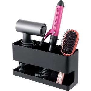 MyGift Hair Tool Organizer, 3-in-1 Metal Hair Dryer Holder, Wall Mounted Blow Dryer Holder, Black Bathroom Organizer for Curling Irons, Hair Straighteners, Hair Brush Holder and Hot Tools