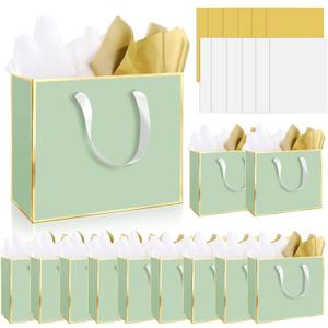 Epoesch 12 Pack Sage Green Gift Bags with Handles – Includes 24 Tissue Paper – 11.8"x10"x4" – Elegant 5 Senses Gift Bags for Wedding, Bridesmaids, Groomsmen, Guests, Easter, Mother's Day, Holiday (Sage Green)