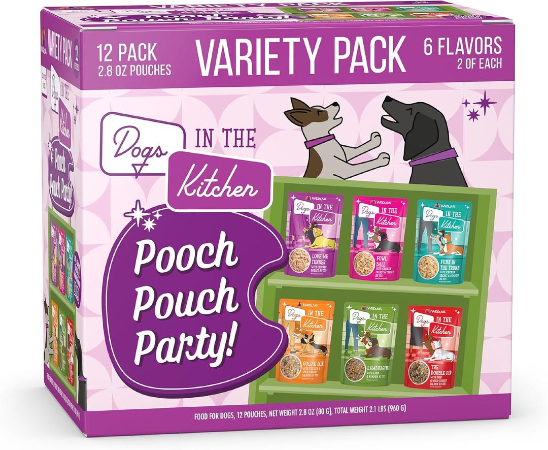 Weruva Dogs in The Kitchen, Variety Pack, Pooch Pouch Party!, Wet Dog Food, 2.8Oz Pouches (Pack of 12) (EXP 07/01/28)