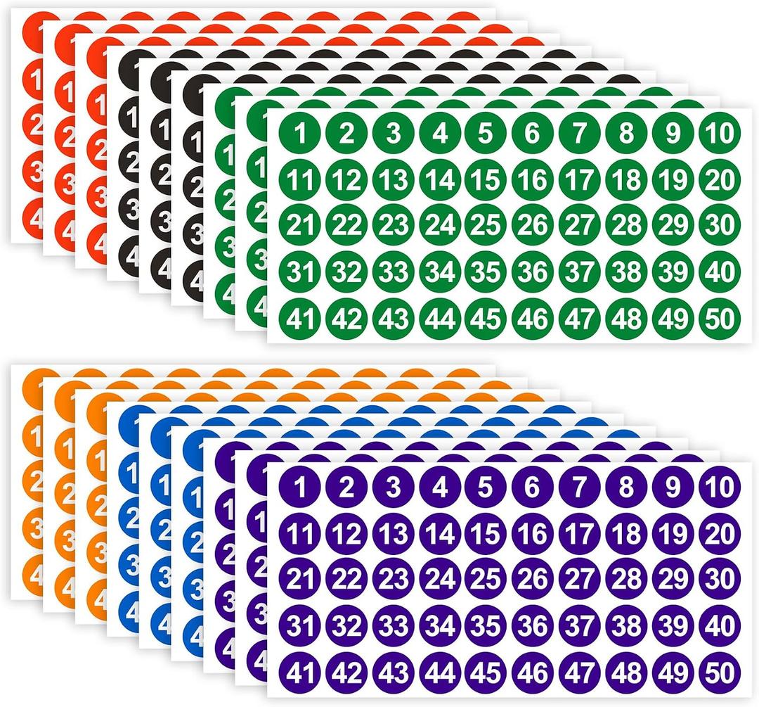 Consecutive Number Stickers, 900 PCS Number Stickers 1 to 50, 18 Sheets 1 Inch Vinyl Round Number Labels Circle Decals for Office School Teacher Classroom Inventory Storage Supplies Multicolor