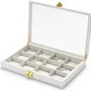 Oirlv White 12 Gird Premium Leather Jewelry Organizer Tray with Clear Lid Lockable Jewelry Box Bangle Holder Box for Women (Creamy-white Interior) 12 Grid