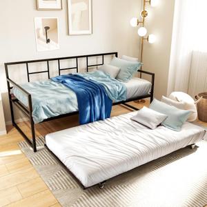 DWVO Twin Size Daybed with Trundle, Adjustable Height Day Bed Frame with Pull Out Trundle, Heavy Duty Metal Sofa Bed Frame Living Room and Guest Room, Black