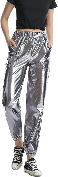 SIAEAMRG Womens Shiny Metallic High Waist Stretchy Jogger Pants, Wet Look Hip Hop Club Wear Holographic Trousers Sweatpant (Grey, XXL)