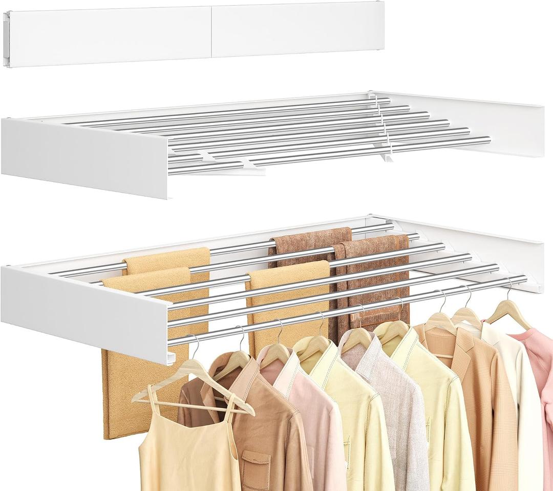 SONGMICS Wall Mounted Drying Rack, Clothes Drying Rack Foldable, 39.4 Inches Wide Laundry Clothes Airer with Wall Template, 6 Fold-Out Aluminum Alloy Bars, Indoor, Matte White ULLR810WE01