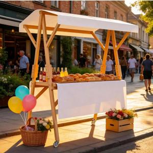 Market Stall Frame Carts Width 59" Outdoor Pine Wood Street Food Vendor Cart with Canopy Folding Vendor Stall Cart with Wheels for Beaches or Festivals (White)