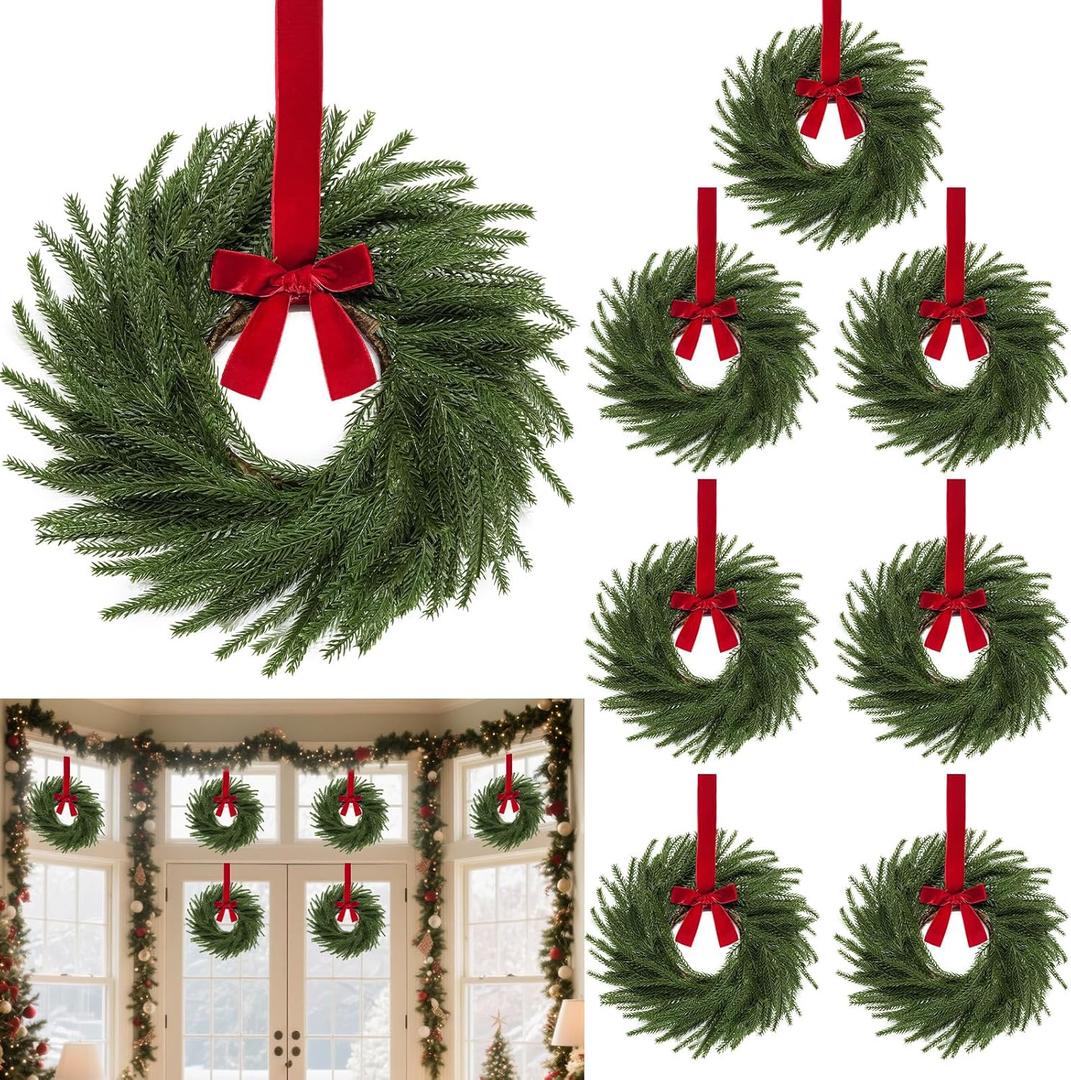 8 Pack 11 Inch Mini Christmas Wreath Small Christmas Kitchen Cabinet Wreaths with Red Velvet Bow Artificial Norfolk Pine Wreath Outdoor Christmas Wreaths for Windows Door Chairs Wall Stairs Home Decor